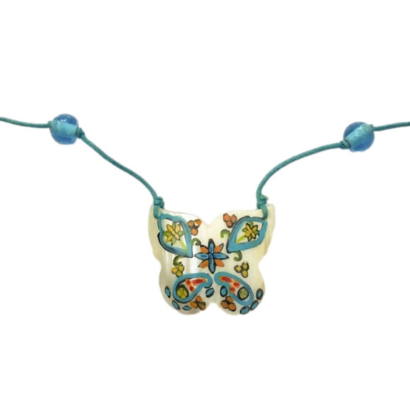 Hand painted mother of pearl butterfly Seashell Necklace - Picture 1 of 8